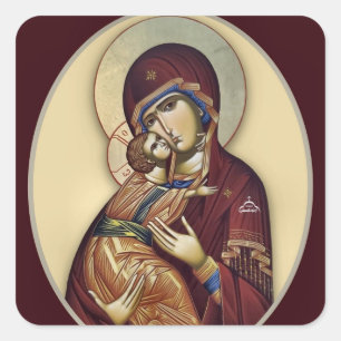 Theotokos en Christus-kind in bordeauxrood en goud Vierkante Sticker