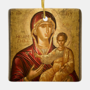 Theotokos en het Christus Kind Rood en Goud Icoon Keramisch Ornament