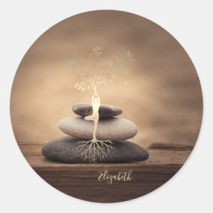Therapeutische Zen Stenen, Gouden Boom Silhouet Br Ronde Sticker