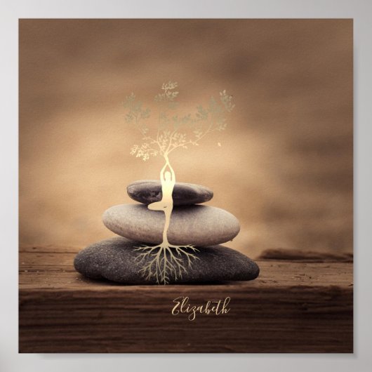 Therapist Zen Stones, Gold Tree Silhouette Brown Poster (Voorkant)