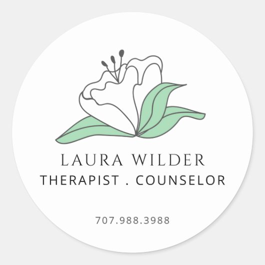 Therapistische adviseur Serene White Flower Busine Ronde Sticker (Voorkant)