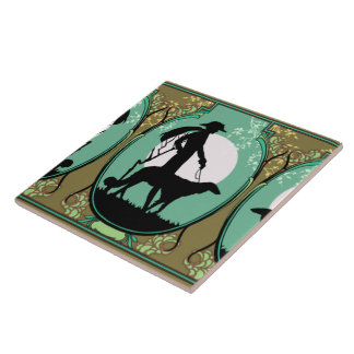 Theresa in Aqua & Olive - Art Deco Lady met hond Tegeltje