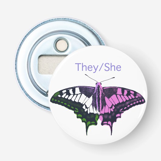 They/She Non-Binary Flag Swallowtail Butterfly Button Flesopener (Voorkant)
