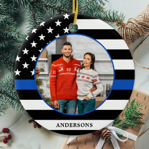 Thin Blue Line Aangepast kerstfeest fotopolitie Keramisch Ornament
