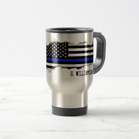 Thin Blue Line American Flag Custom Name Reisbeker (Voorkant rechts)