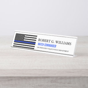 Thin Blue Line American Flag Gepersonaliseerd Whit Bureau Naambordje