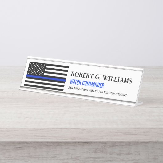 Thin Blue Line American Flag Gepersonaliseerd Whit Bureau Naambordje (Voorkant)