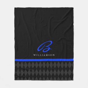 Thin Blue Line Custom Monogram Black Argyle Fleece Deken