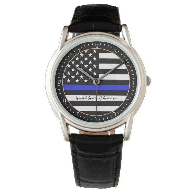Thin Blue Line en American Flag Police / USA Hebre Horloge (Voorkant)