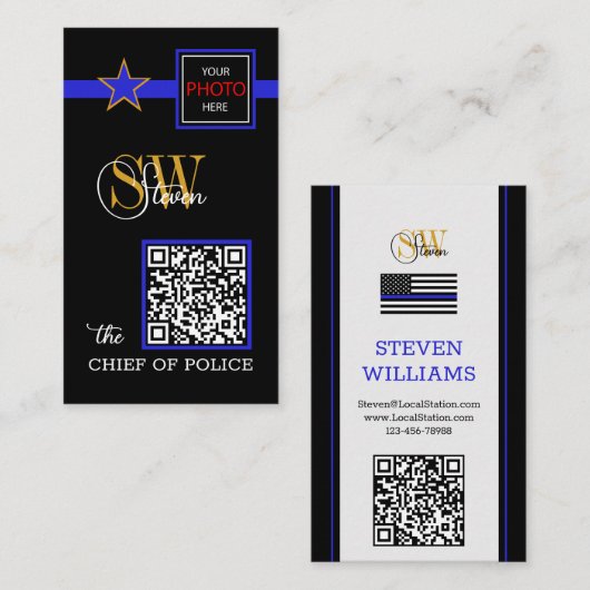 Thin Blue Line en Modern QR Code, Foto / Monogram Visitekaartje (Voorkant / Achterkant)