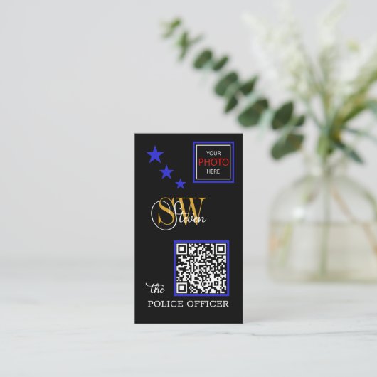 Thin Blue Line en Modern QR Code / Monogramnaam Visitekaartje (Staand voorkant)