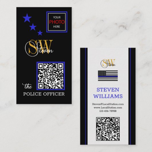 Thin Blue Line en Modern QR Code / Monogramnaam Visitekaartje (Voorkant / Achterkant)