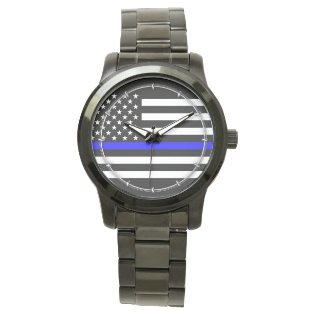 Thin Blue Line Graphic op Amerikaanse vlag Horloge (Voorkant)