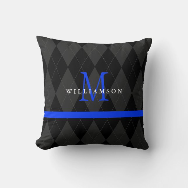 Thin Blue Line Monogram Black Argyle Patroon Kussen (Voorkant)