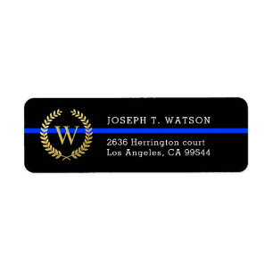 Thin Blue Line Monogram Faux Gold Wreatadres Etiket