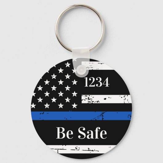 Thin Blue Line Personalized Badge Number Politie K Sleutelhanger (Voorkant)