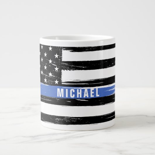 Thin Blue Line Police Flag Grunge Personaliseerd Extra Grote Beker (Voorkant)