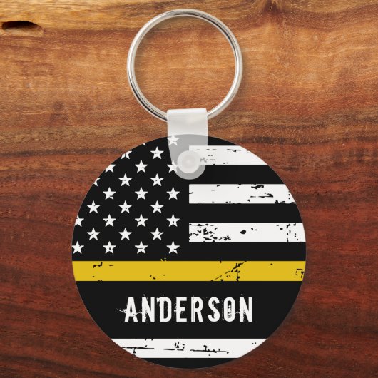 Thin Gold Line Flag Personalized Dispatcher Sleutelhanger (Voorkant)