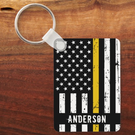 Thin Gold Line Flag Rustic Personalized Dispatcher Sleutelhanger (Voorkant)