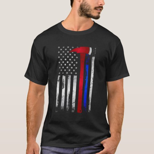 Thin Red Blue Line American Flag Ax Firefighter P T-shirt (Voorkant)