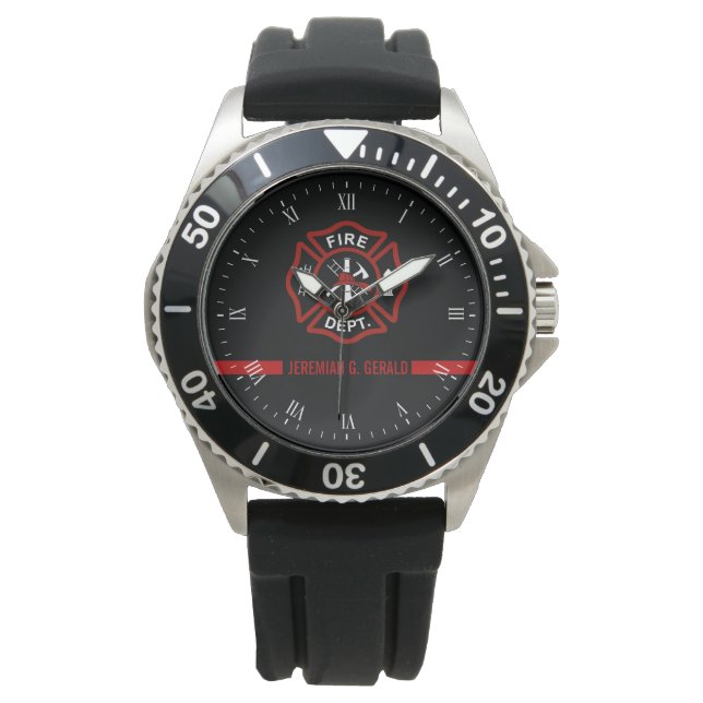 Thin Red Line Custom Name Stripe Firefighter Horloge (Voorkant)