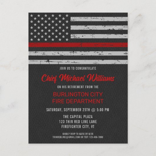 Thin Red Line Fire Academy brandweerdienst Retirem Uitnodiging Briefkaart (Voorkant)