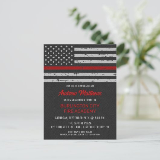 Thin Red Line Fire Academy Firefighter Afstuderen Uitnodiging Briefkaart (Staand voorkant)