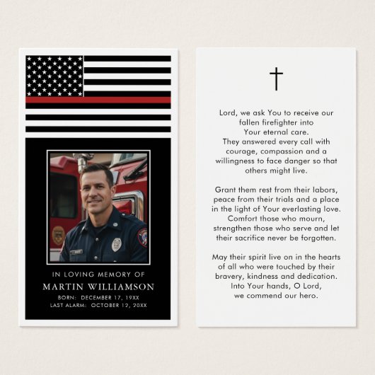 Thin Red Line Firefighter Funeral Prayer Card (Devant & derrière)