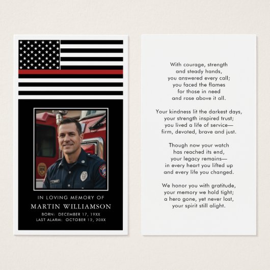 Thin Red Line Firefighter Memorial Prayer Card (Devant & derrière)
