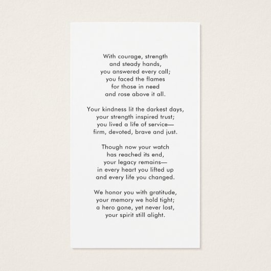 Thin Red Line Firefighter Memorial Prayer Card (Dos)