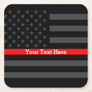 Thin Red Line Persoonlijke zwarte Amerikaanse vlag Vierkante Kartonnen Onderzetter