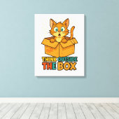 Think Outside The Box – Funny Cat Cartoon Canvas Afdruk (Insitu (Houten vloer))