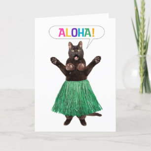 Thinking of You Hello Funny Cat in Grass Skirt Say Feestdagen Kaart