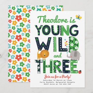 Third Birthday Invite, Young, Wild and Three Boys Kaart