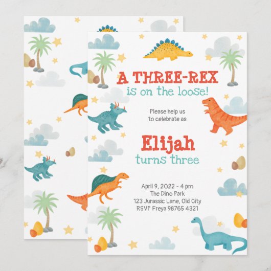 Third Birthday Party Dinosaurs invitation (Devant / Derrière)