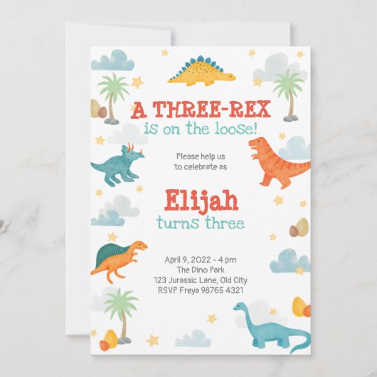 Third Birthday Party Dinosaurs invitation Kaart (Voorkant)