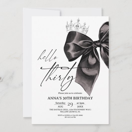 Thirty Black Bow 30th Birthday Invitation Kaart (Voorkant)