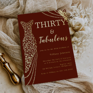 Thirty & Fabulous Burgundy & Gold 30th Birthday  Folie Uitnodiging