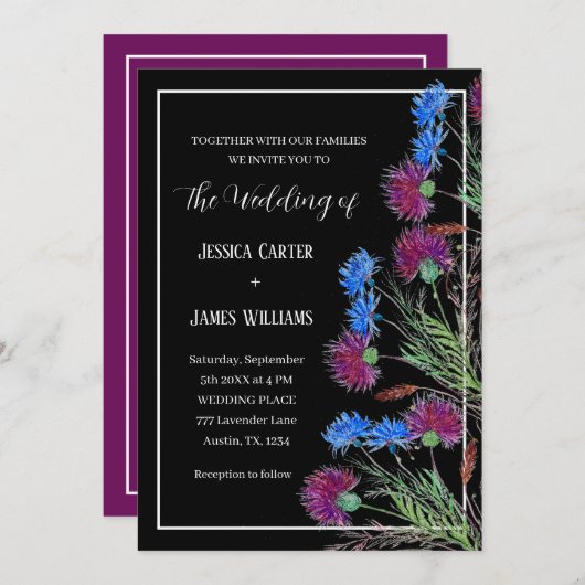 Thistle Cornflower Waterverf Rustic Wedding Kaart (Voorkant / Achterkant)
