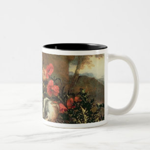 Thistles, bloemen, reptielen en vlinders naast elk tweekleurige koffiemok