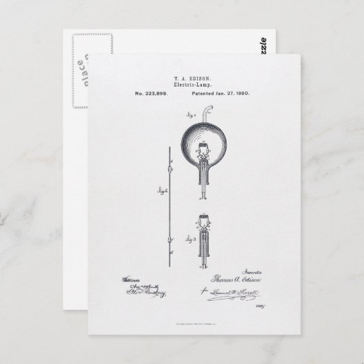 Thomas Edison's Light Bulb Patent Application 1880 Briefkaart (Voorkant / Achterkant)