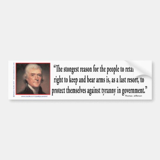 Thomas Jefferson over de controle op Pistolen Bumpersticker (Voorkant)