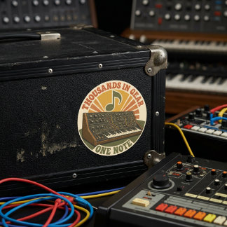 Thousands in Gear, One Note – Lustiger Synth Nerd Ronde Sticker