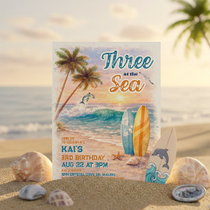 Three at the Sea Retro Surf Beach 3e verjaardag Kaart