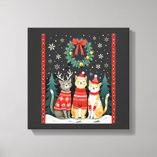 Three Cat Funny Christmas Cat Ugly Xmas Sweater Me Canvas Afdruk