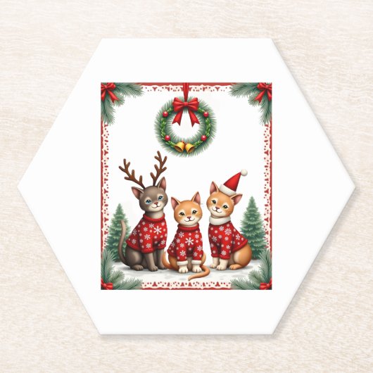 Three Cat Funny Christmas Cat Ugly Xmas Sweater Me Kartonnen Onderzetters (Voorkant)