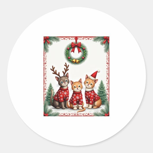 Three Cat Funny Christmas Cat Ugly Xmas Sweater Me Ronde Sticker (Voorkant)