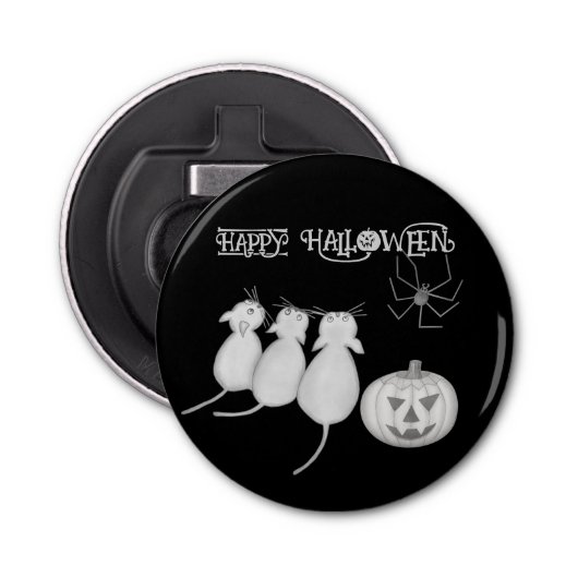 Three Cats, Pumpkin, and Spider Halloween Button Flesopener (Voorkant)