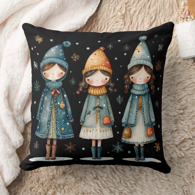 Three Cozy Girls in Snow Throw Pillow Kussen (Deken)