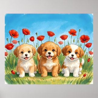 Three Cute Puppies & Red Poppies Watercolour Poster
